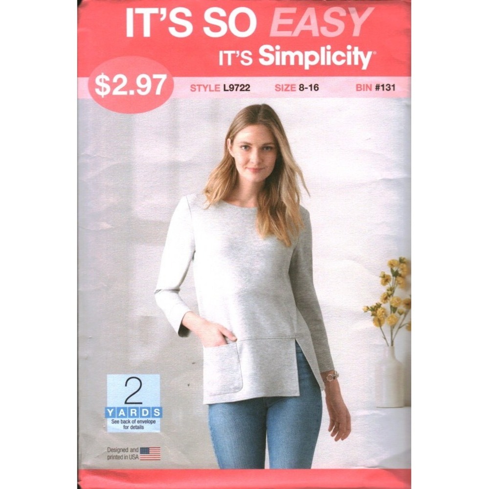 Simplicity L9722 Misses Knit Top Sewing Pattern Size 8-16 Boat Neck Tunic Pocket